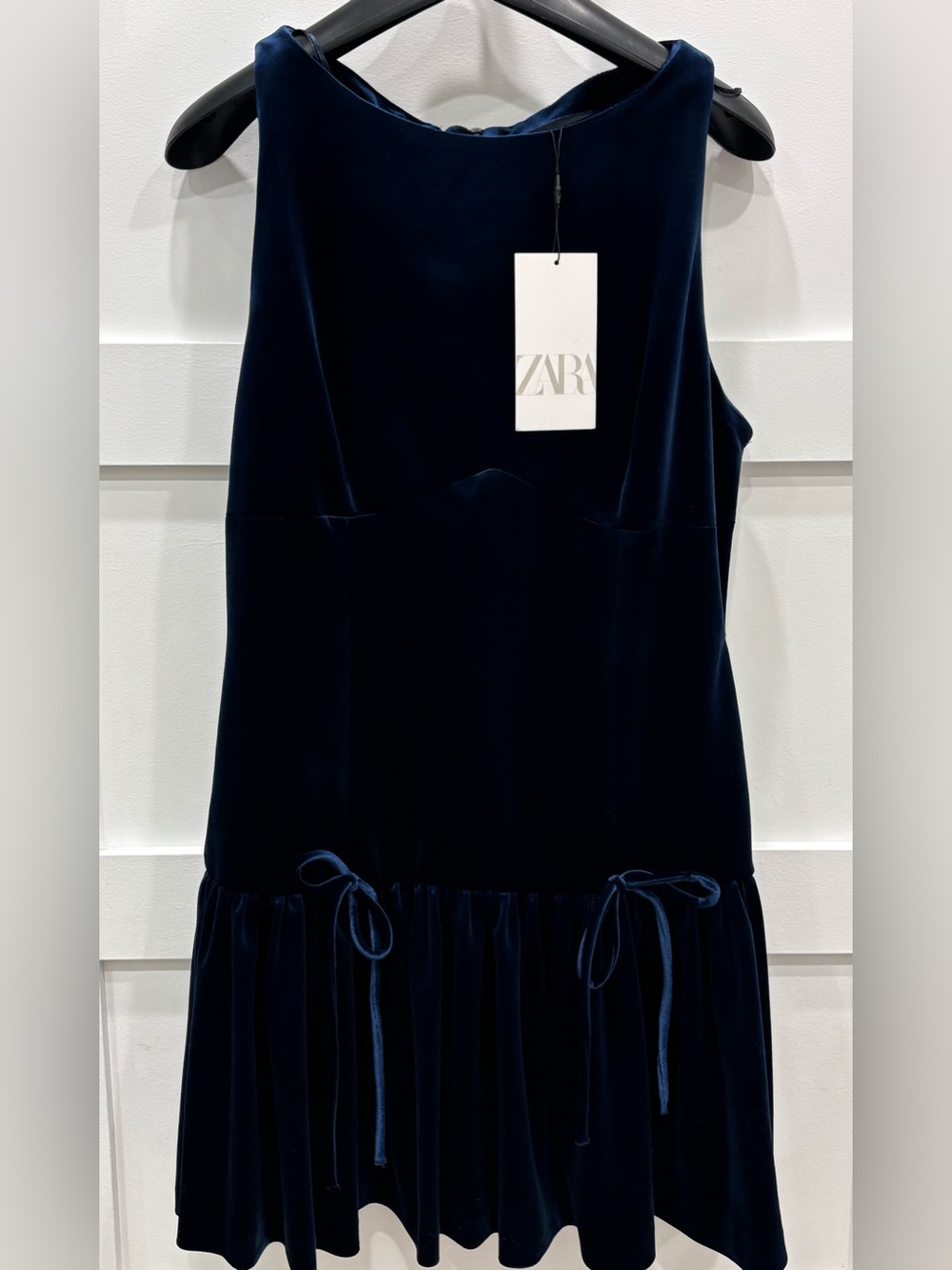 Zara Sapphire Blue Empire Waist Dropped Ruffle Velvet Mini Dress Bows